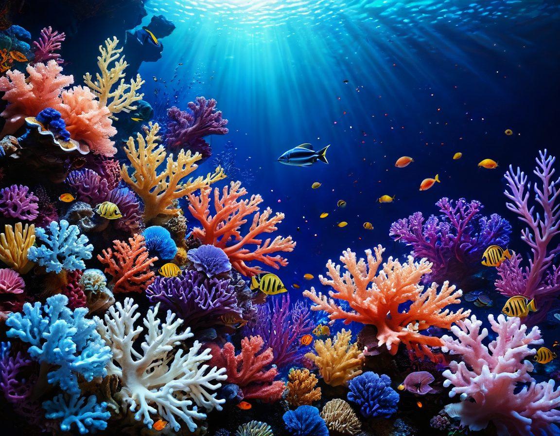 A sensual and alluring underwater scene featuring an intricate coral reef filled with vibrant marine life, symbolizing the depths of desire. Subtle hints of eroticism can be depicted through gently entwined silhouettes of lovers in soft focus among the corals. The color palette should be rich with deep blues, purples, and hints of gold to evoke a feeling of mystery and passion. Enhance the overall atmosphere with ethereal lighting that filters through the water, creating a dream-like quality. vibrant colors. super-realistic. 3D.