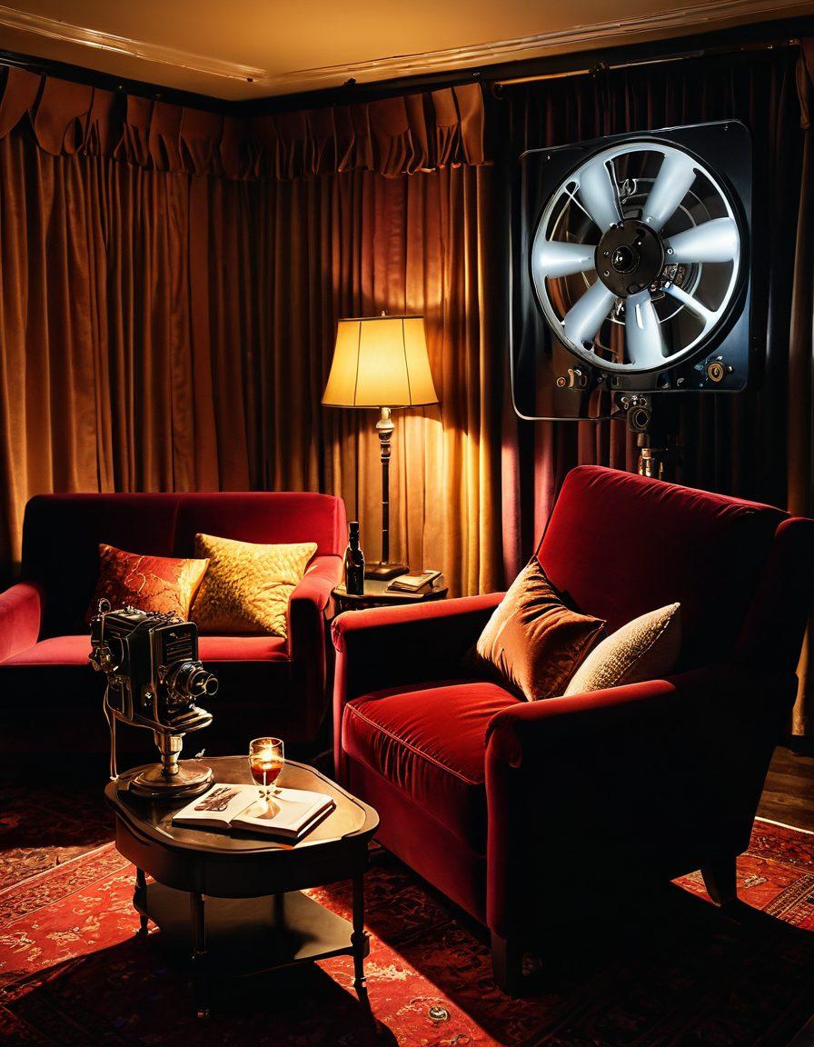 A romantic and seductive atmosphere featuring a vintage film projector casting soft, warm light across a backdrop of classic adult film posters. Include plush velvet seating with plush pillows and a bottle of fine wine on a small table. Subtle hints of sensuality, like silk curtains and dim lighting, create an inviting vibe. Emphasize warmth and nostalgia with a hint of glamour. super-realistic. vibrant colors. low lighting.