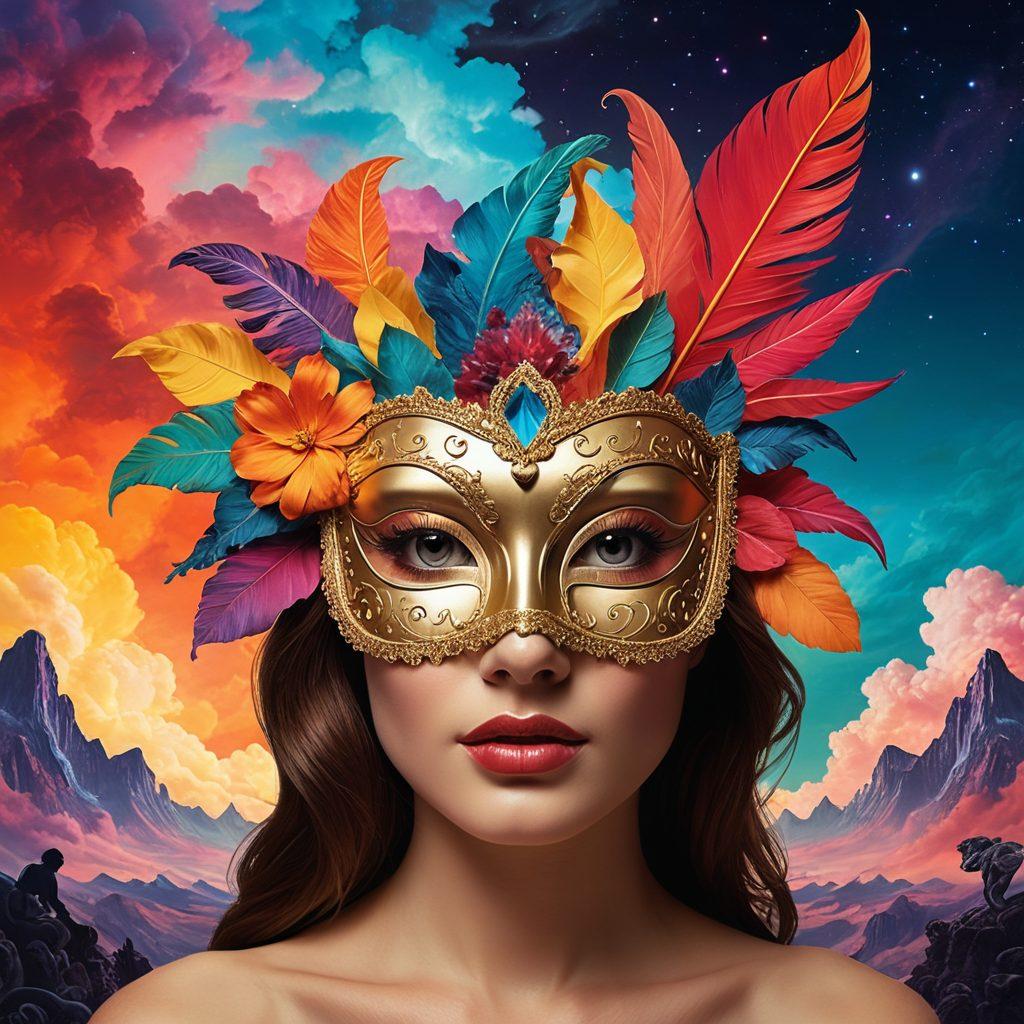 A surreal collage showcasing the evolution of adult video content, featuring a masquerade mask symbolizing mystery, vibrant fantasy elements like swirling clouds and rainbows, contrasting with dimly lit scenes of a vintage adult film set. The background should reflect a blend of fantasy and reality, with silhouettes of diverse individuals engaged in imaginative storytelling. Emphasize bold colors and intricate details to evoke curiosity and allure. vibrant colors. surreal art.